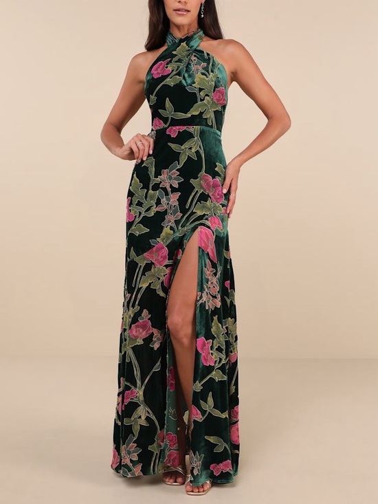 Lulus Dresses & Skirts - Lulus Flawlessly Gorgeous Green Burnout Floral Halter Maxi Dress Size M NWT
